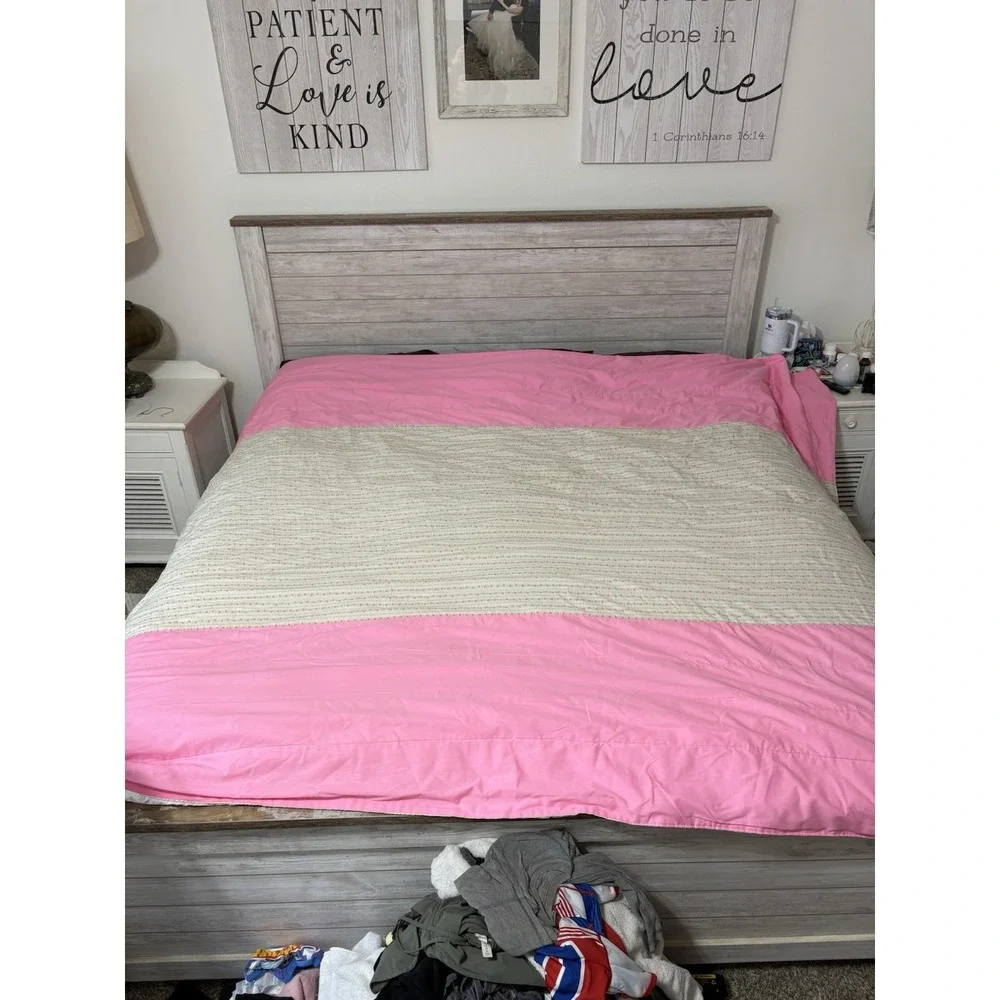 Homemade Shabby Chic Comforter Bedspread Pink Full Queen W/ 2 Short Curtains
